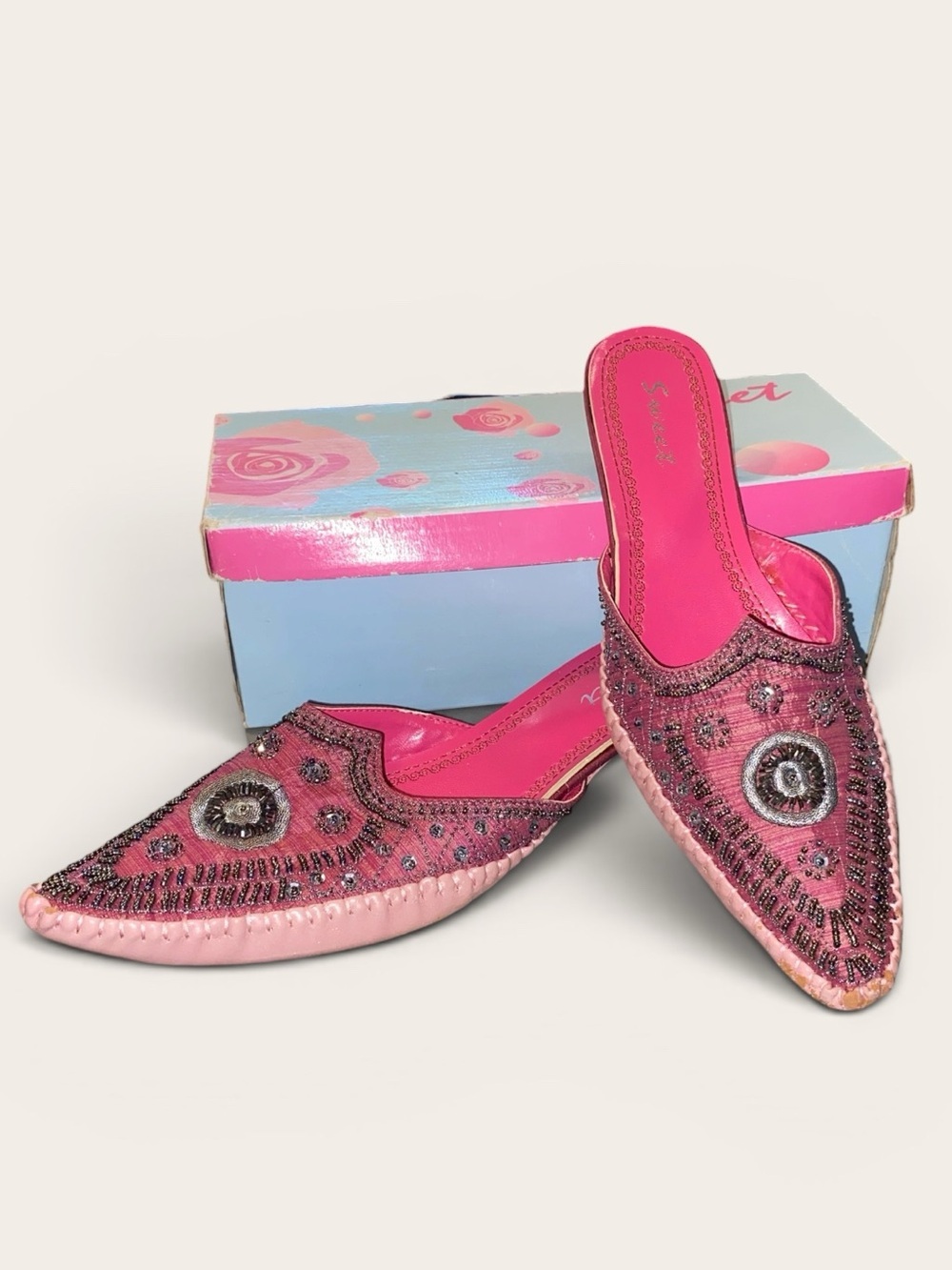 Sweet Vintage y2k Pink beaded Slip-On pointy Genie Mules Dopamine kitten heels
